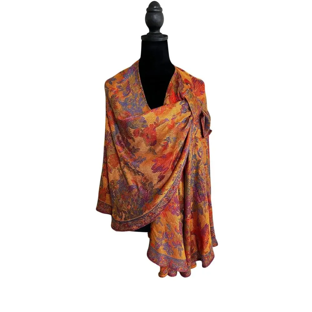 Pashmina Silk Blend Shawl Wrap Orange Paisley Scarf Lightweight Boho Elegant